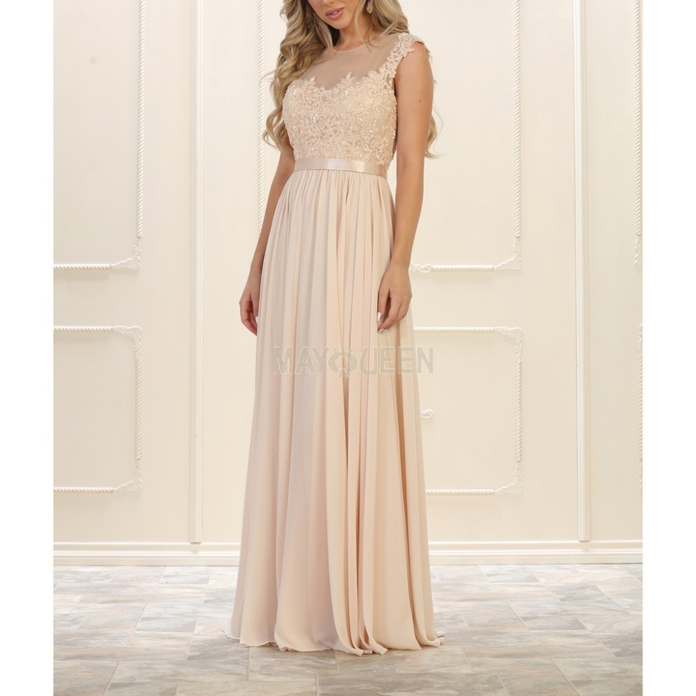 BRIDESMAID DRESSES in champagne rose purple etc..illusion neckline long gown - Picture 2 of 9